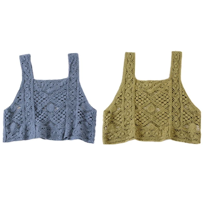 

Women Sleeveless Crop Tank Top Hollow Crochet Knit Floral Square Neck Camisole