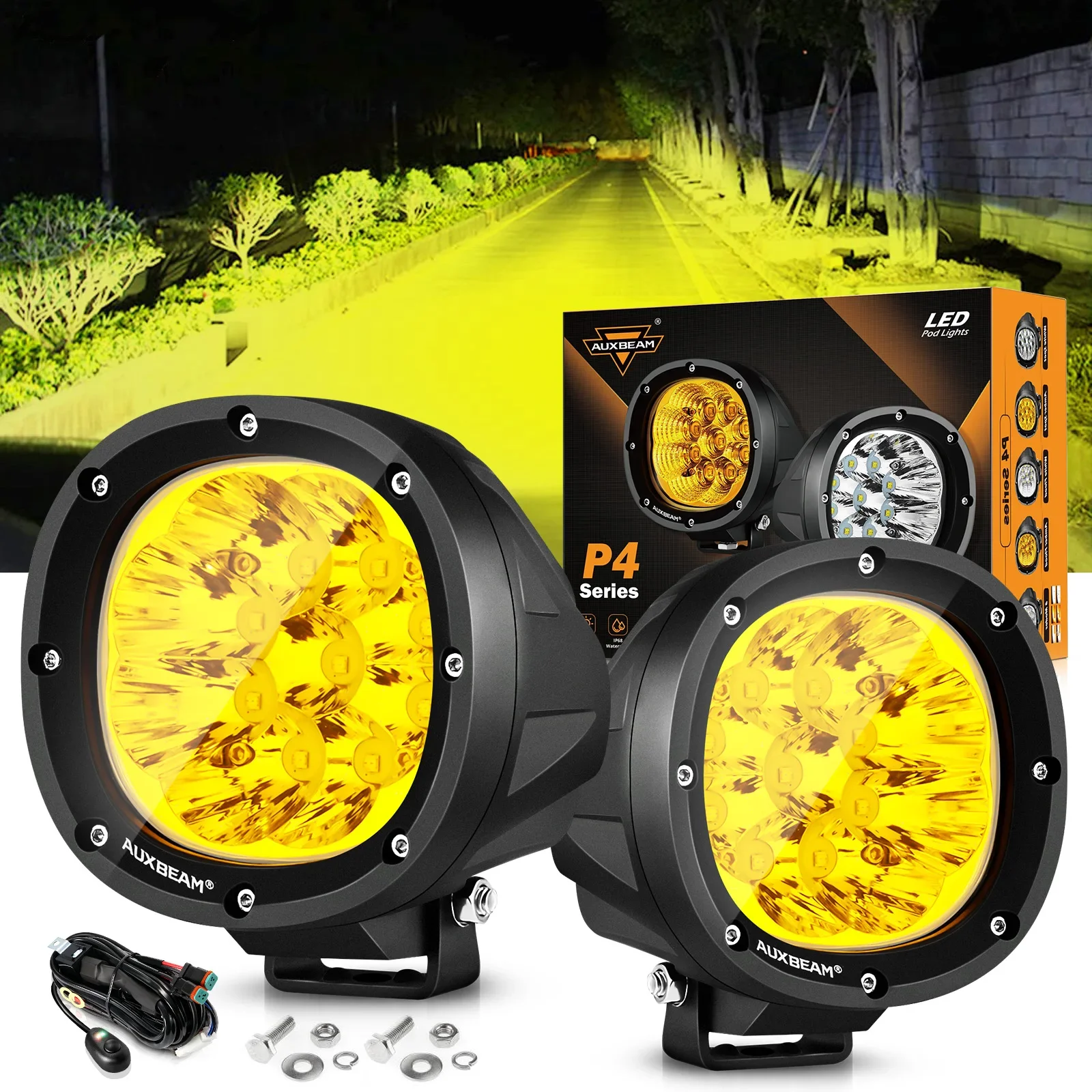 Фото AUXBEAM 4-дюймовые круглые светодиодные противотуманные фары Янтарно-желтый рабочий свет 3535 Светодиодный прожектор для Jeep Wrangler Грузовик SUV ATV UTV №1