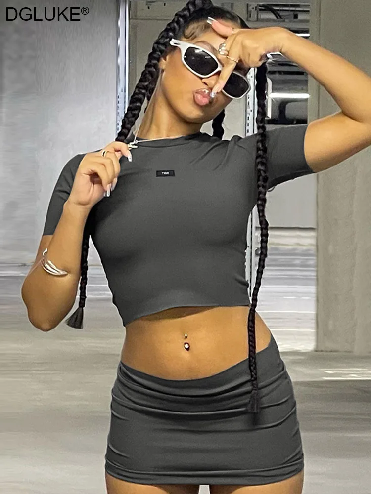 

Short Sleeve Crop Top And Mini Skirt Sets 2 Piece Sets Women Outfit 2023 Summer Sexy Night Club Outfits Y2K Streetwear Set