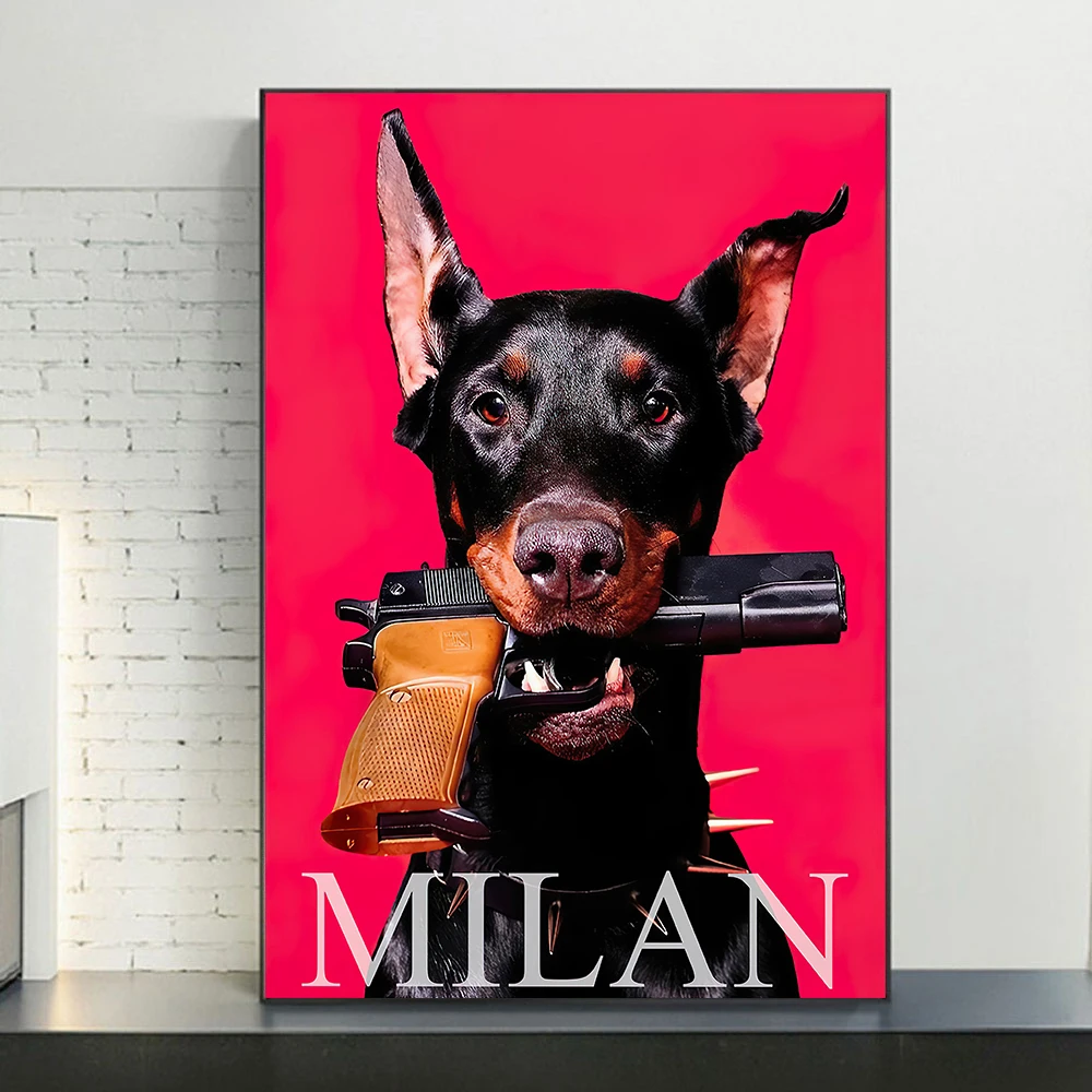 Dobermann with Gun Poster And Prints Modern Fashion Milan Rome Luxury Canvas Painting Wall Art Picture For Living Room Decor
