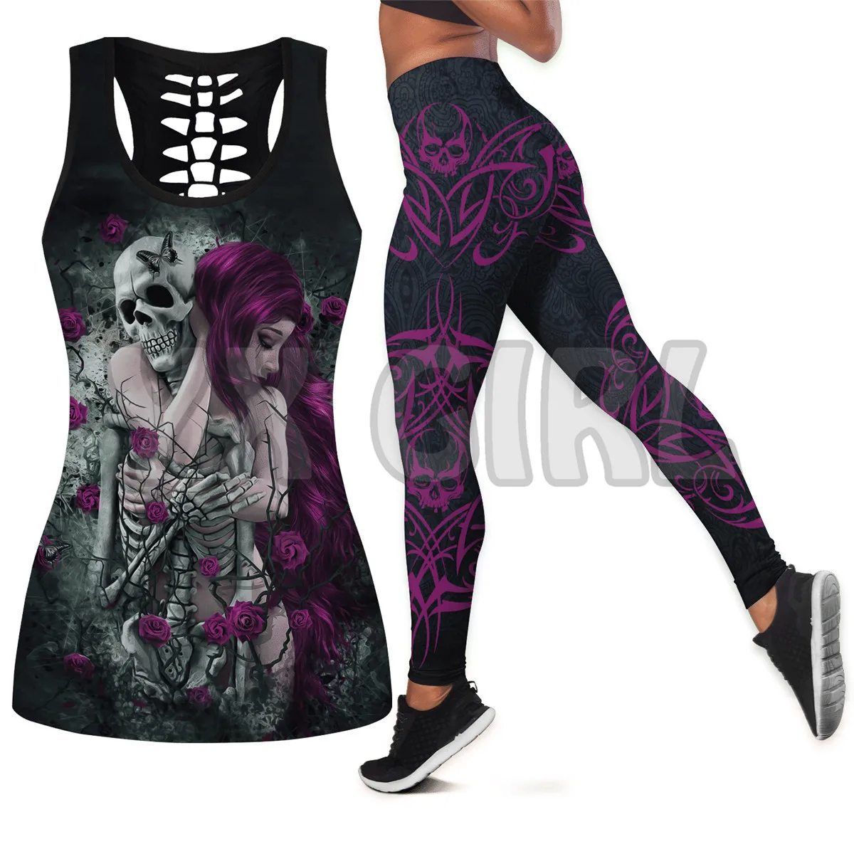 Beautiful Women Flower Skull   3D Printed Tank Top+Legging Combo Outfit Yoga Fitness Legging Women