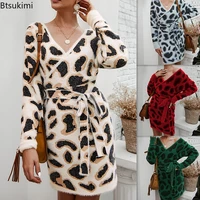 2022 women sexy knitted dress leopard slim fit casual bag hip dress woman full sleeve cute dress for autumn winter clothes women