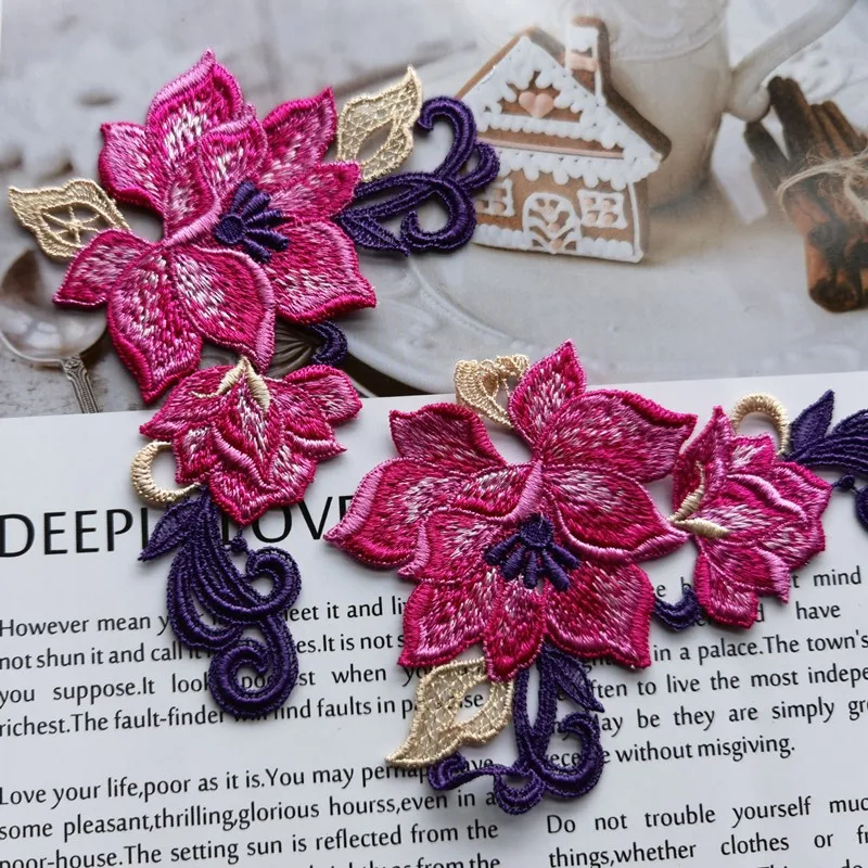 

2 шт./лот 8*13 см градиентная вышивка пурпурный синий розовый цветочный мотив Венецианская Кружевная аппликация для одежды вышивка кружевные ...