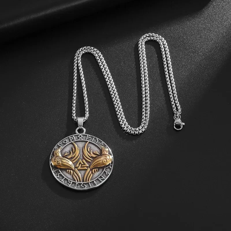 Retro Ethnic Style Nordic Viking Double Crow Triangle Rune Pendant Necklace Fashionable Men's Lucky Charm Jewelry