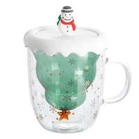 christmas glass double layer cup star wish cup christmas tree cup coffee cup glass cup with lid and handle 300 ml