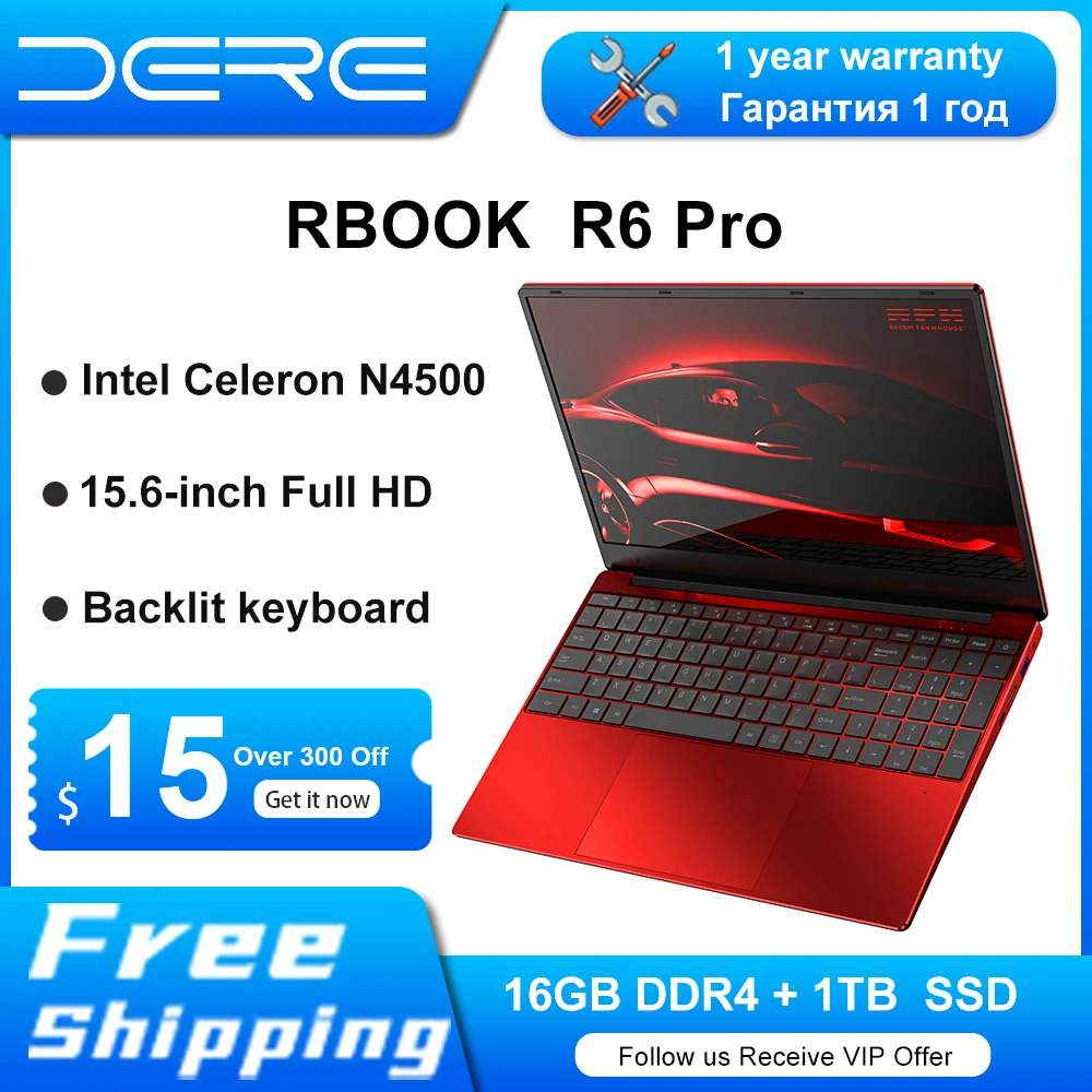 DERE R6 Laptop 15.6-inch, 16GB RAM + 1TB SSD, Intel Celeron N4500 Dual WiFi With Backlit Keyboard Computer Windows 10 Notebook