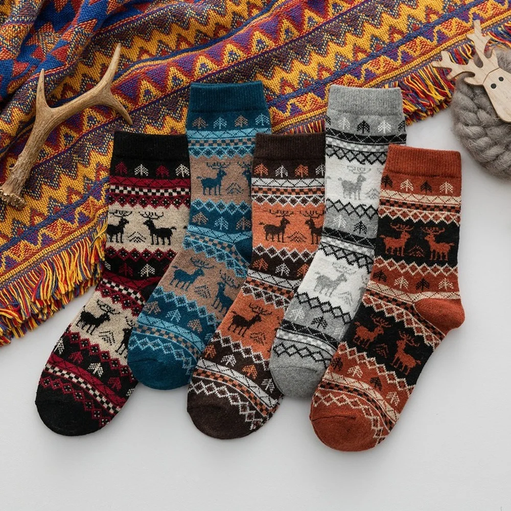 5 Pairs 2022 New Autumn and Winter Thick Warm Rabbit Wool Socks Ethnic Style Snow Fawn Elk Women Casual Socks
