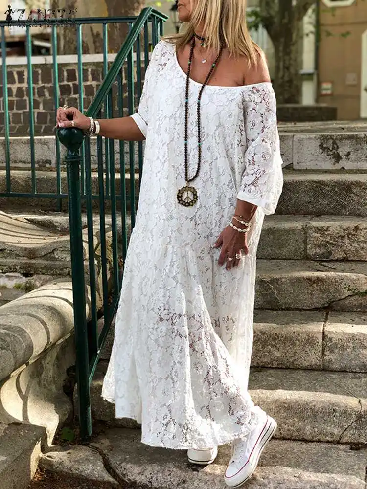 

Women Lace Crochet Maxi Long Dress ZANZEA Summer 3/4 Sleeve Party Vestido Robe Femme Bohemian Sundress Casual Loose Autumn Dress