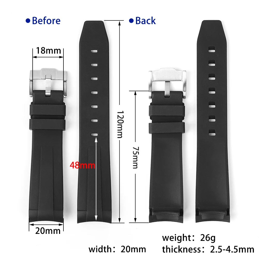 High Quality FKM Rubber Curved End Watch Band 20mm Waterproof Replacement Strap Wristband Diving Watch Accessories for Men Women