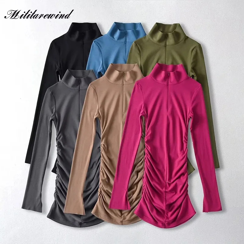 

Женское плиссированное платье на молнии, с длинным рукавом