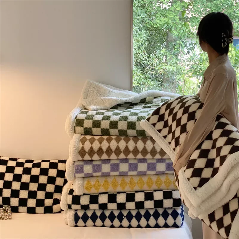 

NEW2023 Winter Thick Warm Fleece Blanket Checkerboard Plaid Soft Plush Throw Blankets for Sofa Chair Nap Adult Bed Cover Quilt B