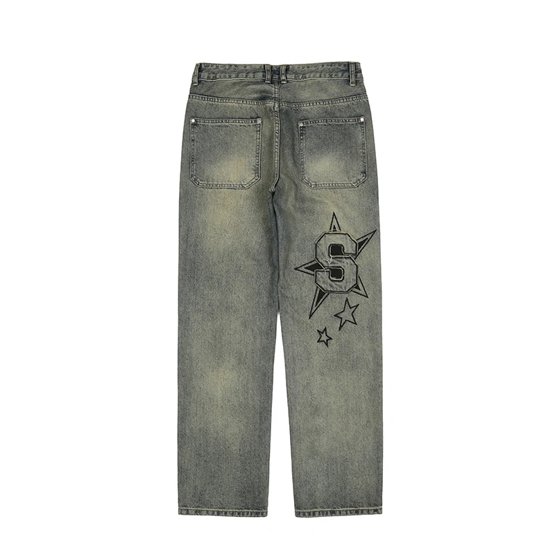 

High Street Letter Stars Embroidery Ripped Retro Mens Denim Trousers Washed Straight Oversized Loose Harajuku Jeans Pants