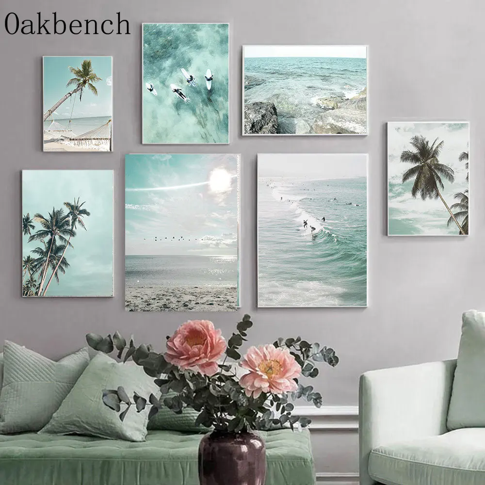 

Surfing Wall Paintings Sea Wave Wall Art Canvas Reef Palm Tree Wall Pictures Hammock Art Print Summer Nordic Living Room Decor