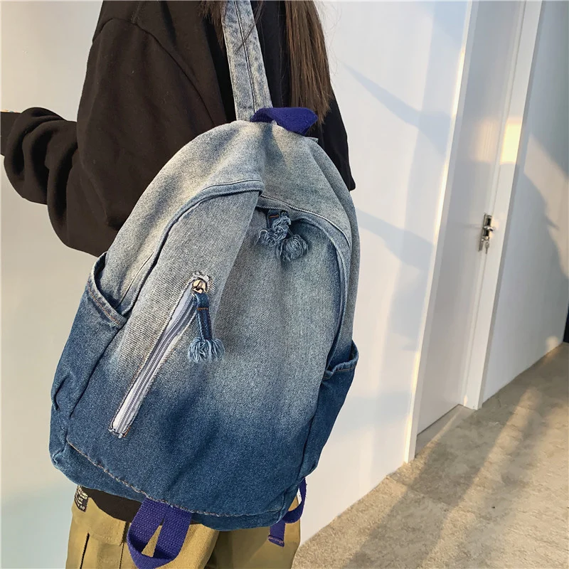 

Женский джинсовый рюкзак в стиле ретро, дорожный ранец с градиентом, сумка для книг для студентов колледжа, школьные портфели для девочек-по...