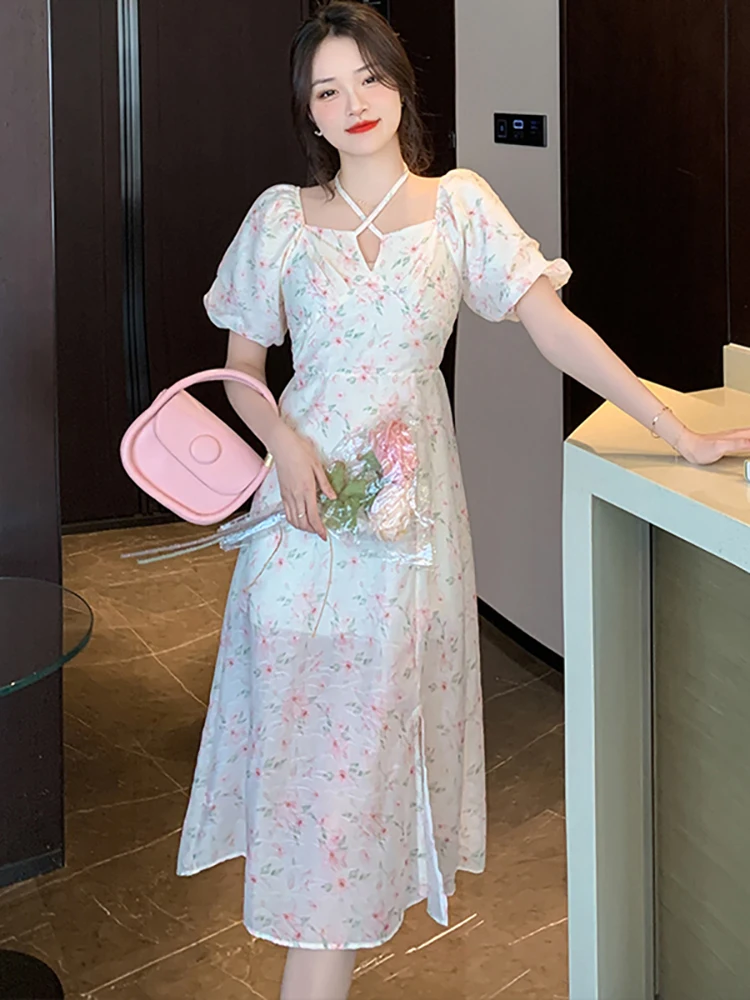 

Женское шифоновое платье миди с квадратным вырезом, зеленое Цветочное платье с рукавами-фонариками, элегантный повседневный Пляжный наряд в Корейском стиле на лето, 2023