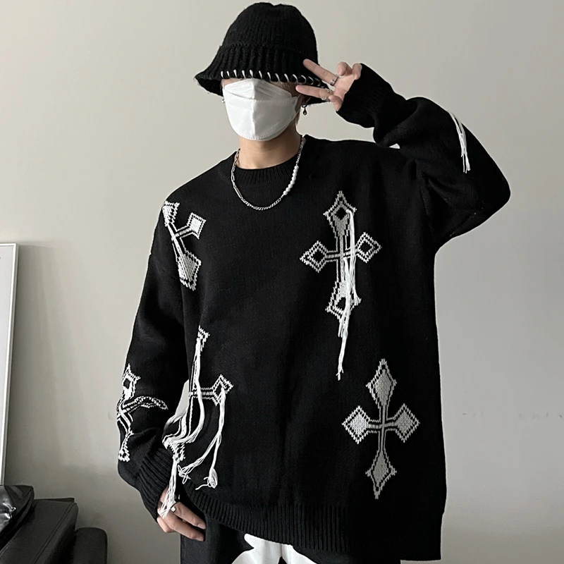 

New Autumn Harajuku Women Sweater Gothic Cross Handmade Crochet Wool Pullover Female Top Casual Loose Knitted Blouse Mujer