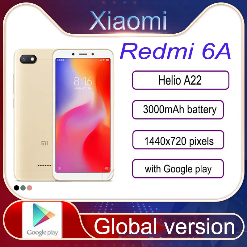Smartphone Redmi 6A smartphone  5.45'' Full Screen 13MP Camera AI Face Unlock  MIUI 9 Support Global Version RAM ROM2 16G