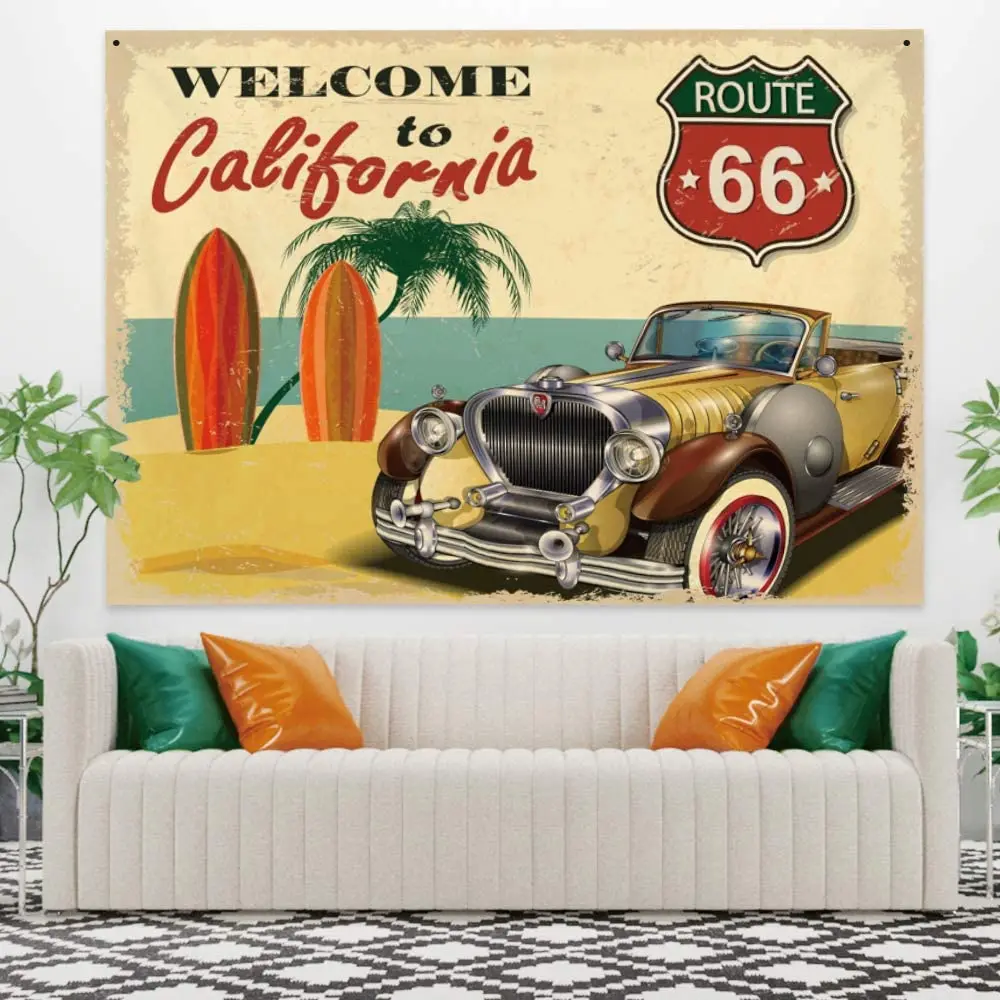 

Vintage Style Route 66 Tapestry Welcome To California Old Car In Beach Tapestry Retro Background Wall Hanging Tapestry Decor