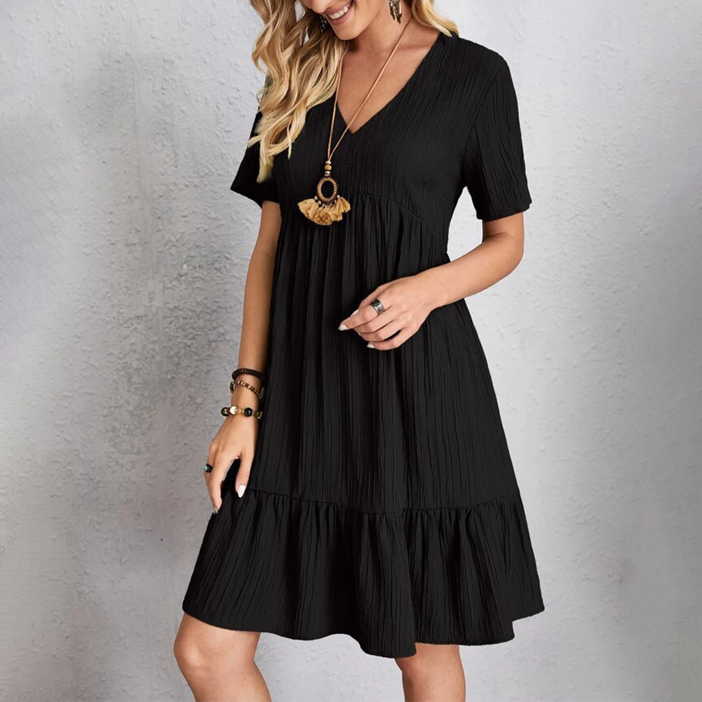 

Womens Bohemian Dresses Summer 2023 V-Neck Short Sleeve Casual Belted Ruffle Long Dress Solid Color For Women A-Line