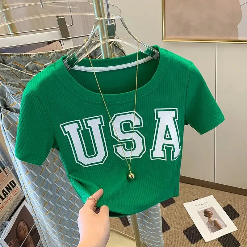 Футболка женская с круглым вырезом универсальный облегающий топ цветными