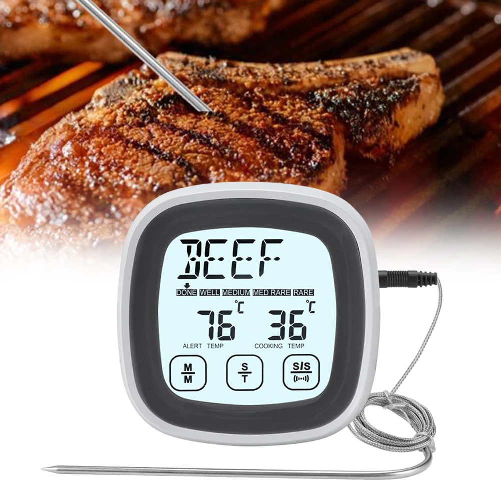 

Digital Meat Thermometer Grill Thermometer Stainless Steel Probes Kitchen Thermometer Timer LED Touch Display 5 Cooking Level