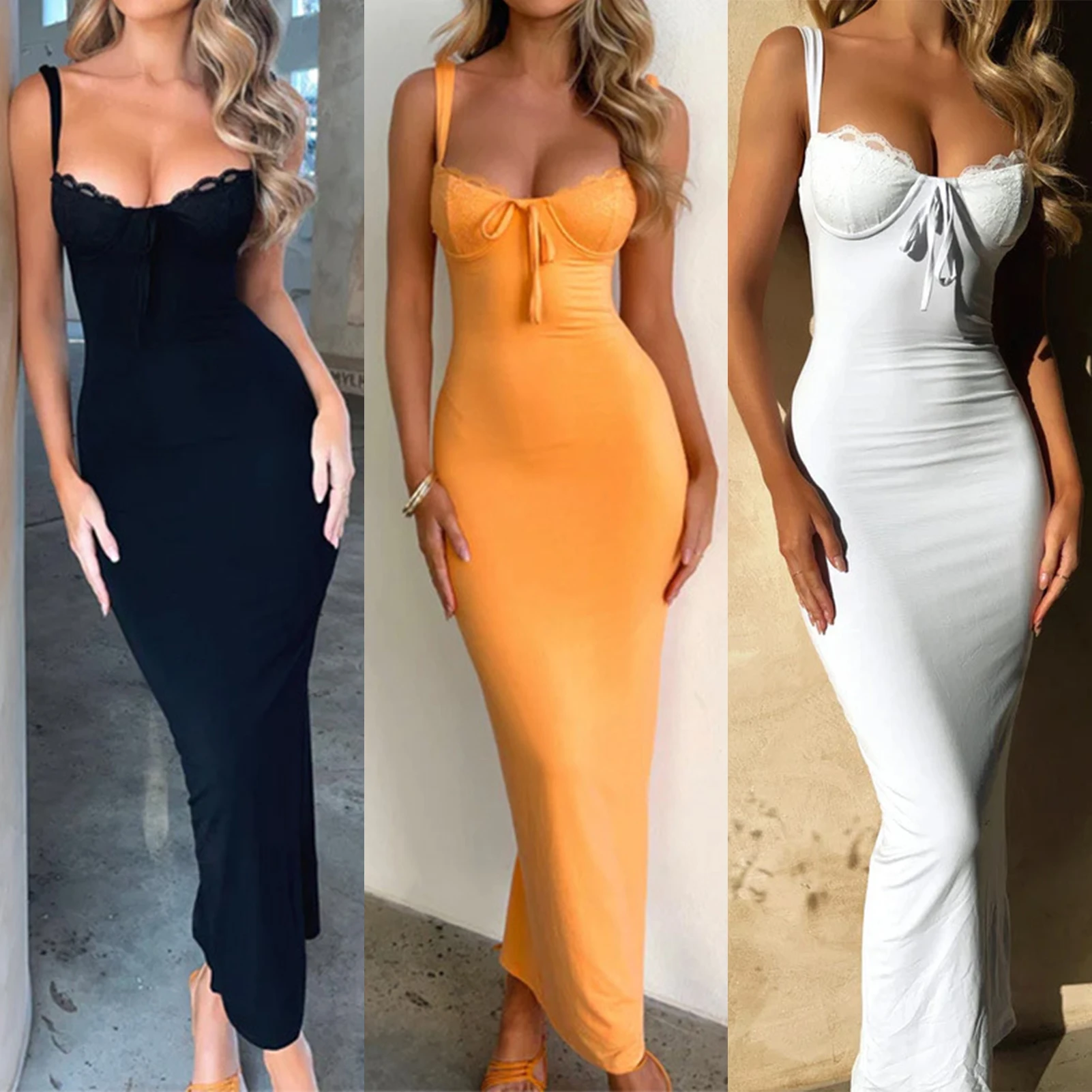 

Women Summer Lace Dress Crew Neck Ladies Spaghetti Strap Dress Side Slit Y2K Sexy Style Backless Solid Color Vacation Outfit