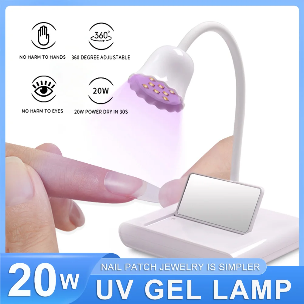 

20W Mini Lotus Nail Lamp with Mirror Portable Rechargeable UV/LED Nail Drying Lamp 360° Adjustable Nail Dryer Nail Art Lamp