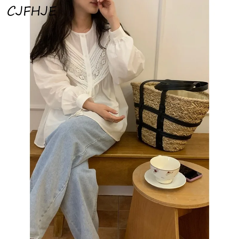 CJFHJE Новинка Женская однотонная плиссированная кружевная рубашка в стиле пэчворк