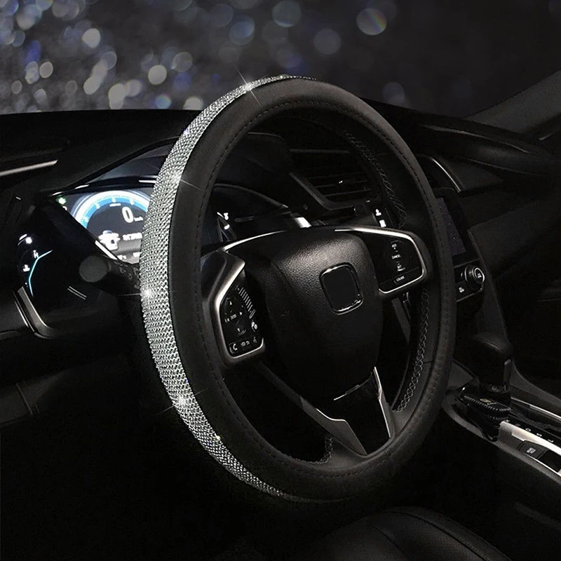 

Decor Steering Wheel Cover Replacement 1pc Black Leather+Rhinestone Protector