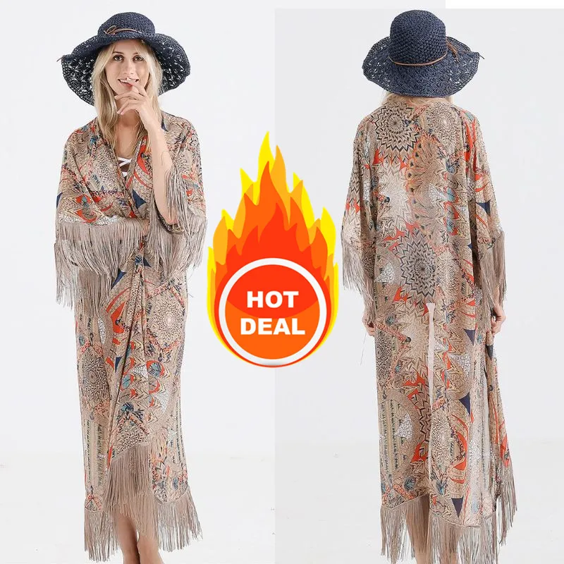 

2022 Retro Printed Half Sleeve Chiffon Cardigan Kimono Boho Fringed Tassels Bikini Cover Up Ankle Length Cape Beach Swimsuit