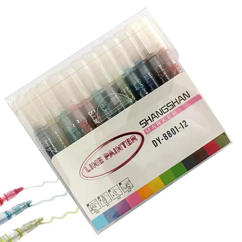 

Metallic Outline Marker 12 Colors Squiggles Double Outline Metallic Highlight Markers DIY Silver Paint Pens With Color Outline