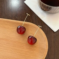fashion jewelry big cherry earrings popular style hot sale golden color stick with red bead drop earrings for women wholesale