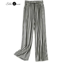 2022 womens fashionable new chessboard check silk pants elastic waist temperament pocket pants mulberry silk straight pants