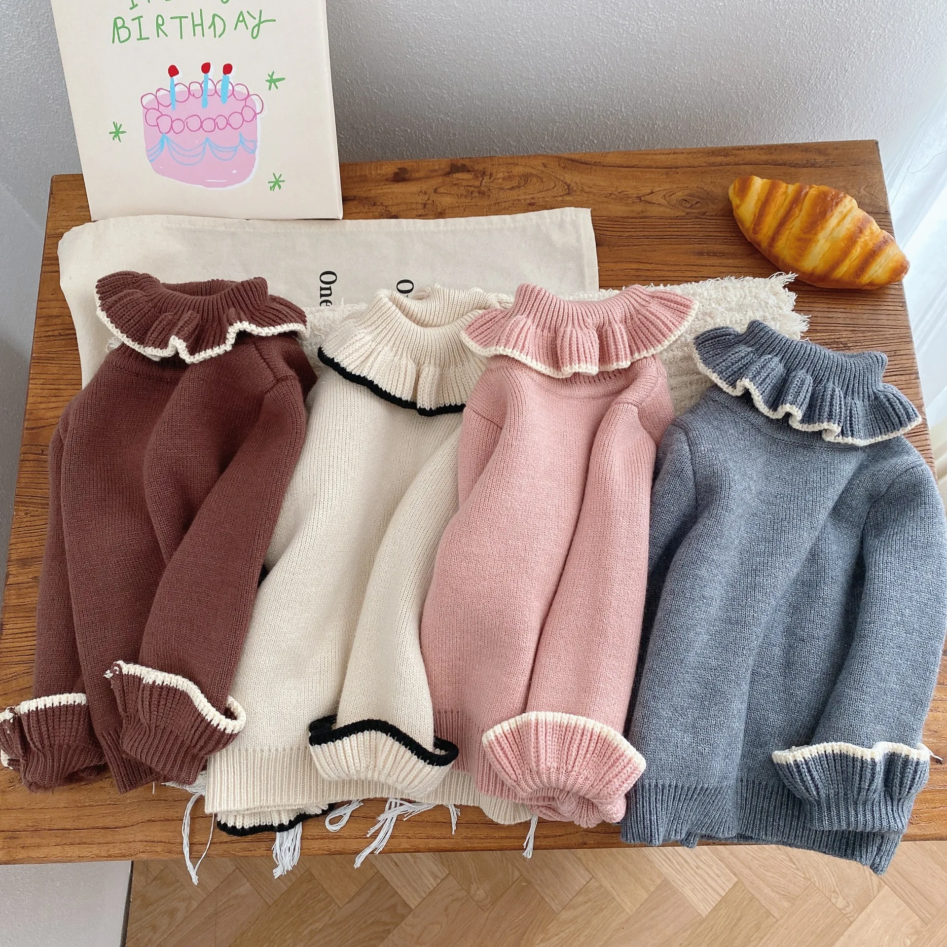 

2022 Autumn Winter Baby Girl Knit Sweaters Kids Thick Fleece Pullover Tops Children Clothes Ruffle Half Turtleneck Girls Sweater
