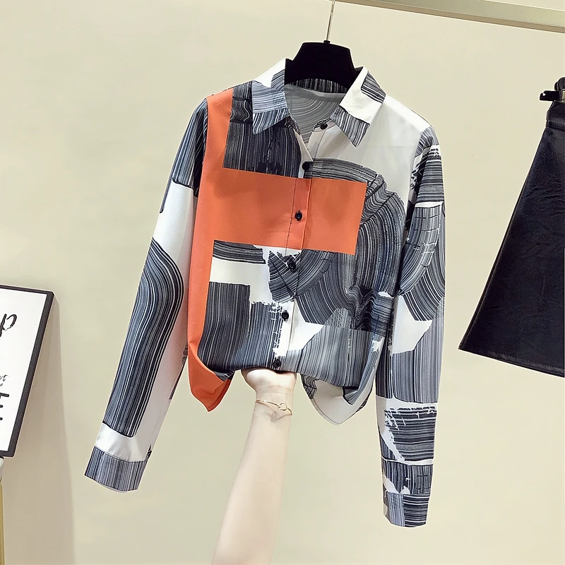 

Chiffon Women's Blouse Polo Shirt Casual Print Lady Summer Long Sleeve Top Fashion Clothing