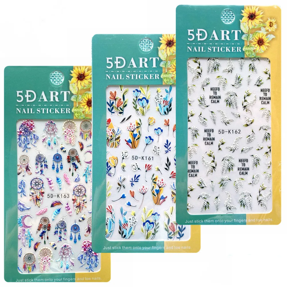 

5D Embossed Nail Art Stickers Lily of The Valley Tulip Butterfly Gel Nail Art Decoations Wedding Flower Engraved Slider Tips