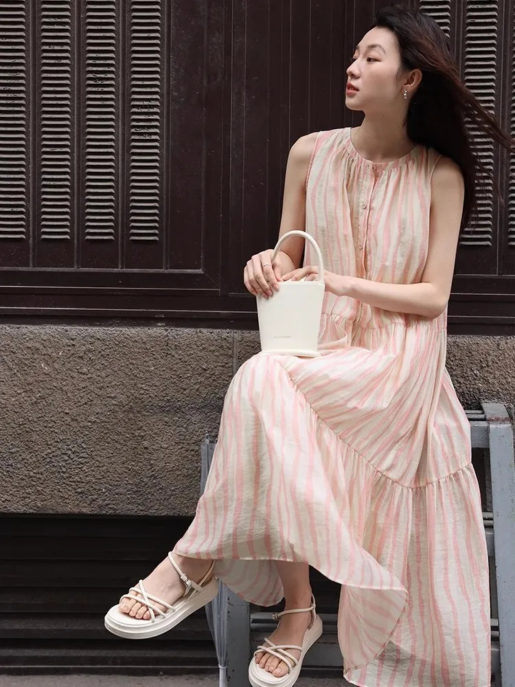 Женское летнее платье-жилет в розовую полоску приталенная длинная свободная