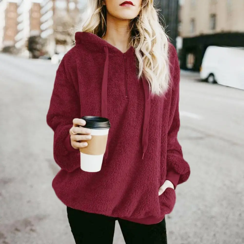 

Autumn Winter Long Sleeve Plush Hoodies Women Warm Solid Fluffy Hoodies Flannel Pullover Loose Hooded Sweatshirts Tops