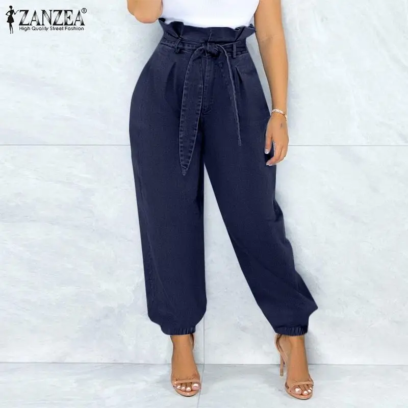 

ZANZEA Women Ruffle Belted Denim Blue Trouser Fashion OL Casual Solid Wide Leg Pant Oversized Female High Waist Pantalon Palazzo