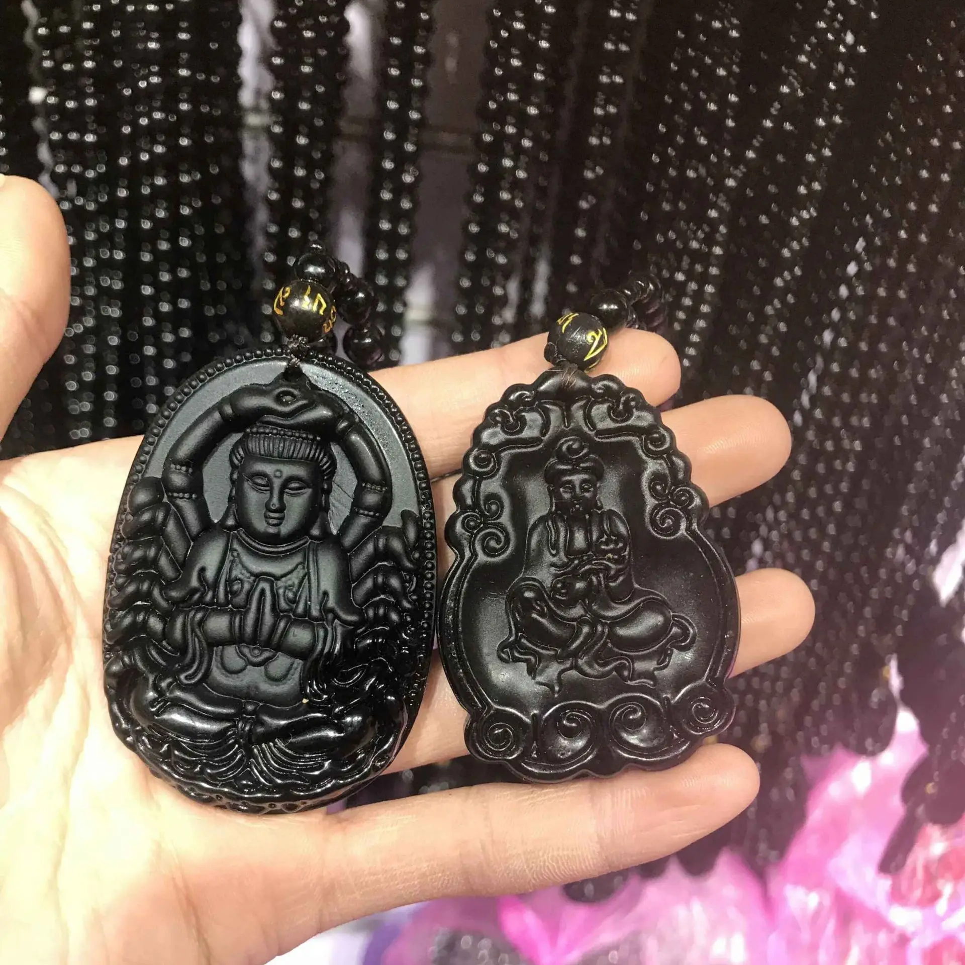 Подвеска с черным обсидианом для мужчин и женщин ювелирное изделие гравировкой