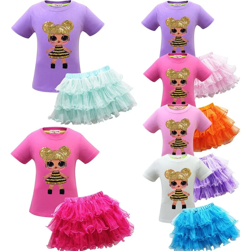 

Модный костюм Lol Surprise Doll для девочек с героями мультфильмов, юбка, футболка с короткими рукавами для девочек, сетчатая пряжа, пушистая коротк...
