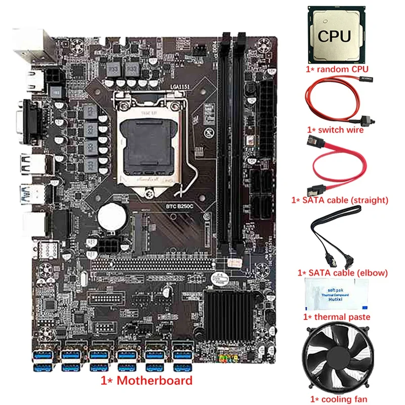 B250C 12 Card BTC Mining Motherboard CPU+Fan+Thermal Paste+Switch Cable+SATA Cable 12 USB3.0 LGA1151 DDR4 SATA3.0 MSATA