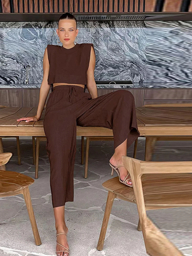 Хлопковые льняные костюмы женские на шнуровке свободный ажурный жилет с