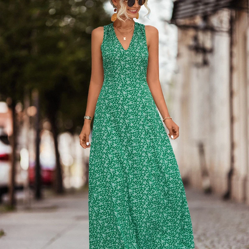 

Summer Office-lady V-neck Backless Long Dress for Women Elegant Green High Waist Floral Printed Ladies Dress Fashion Robe 25945