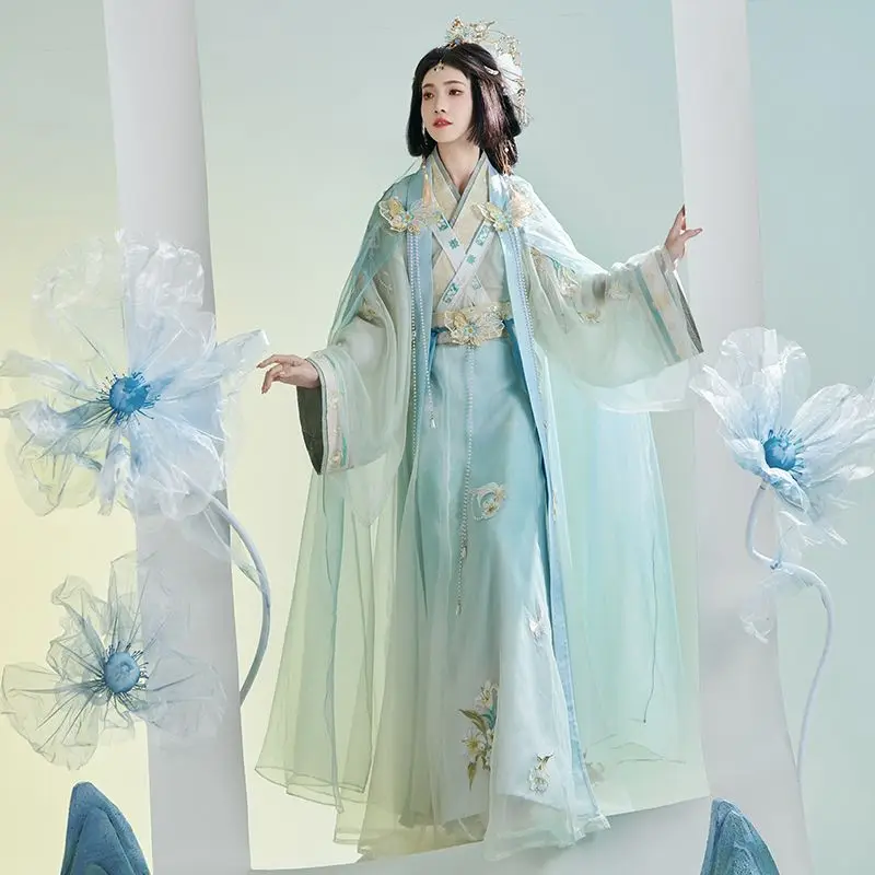 Женское платье в китайском стиле белый голубой топ из двух предметов синяя юбка с