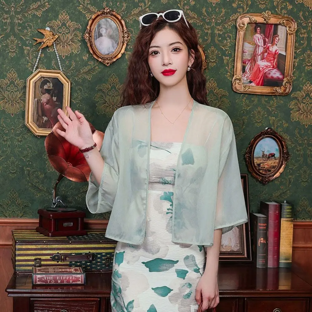 Прозрачная шифоновая маленькая куртка-шаль с коротким рукавом пляжные рубашки