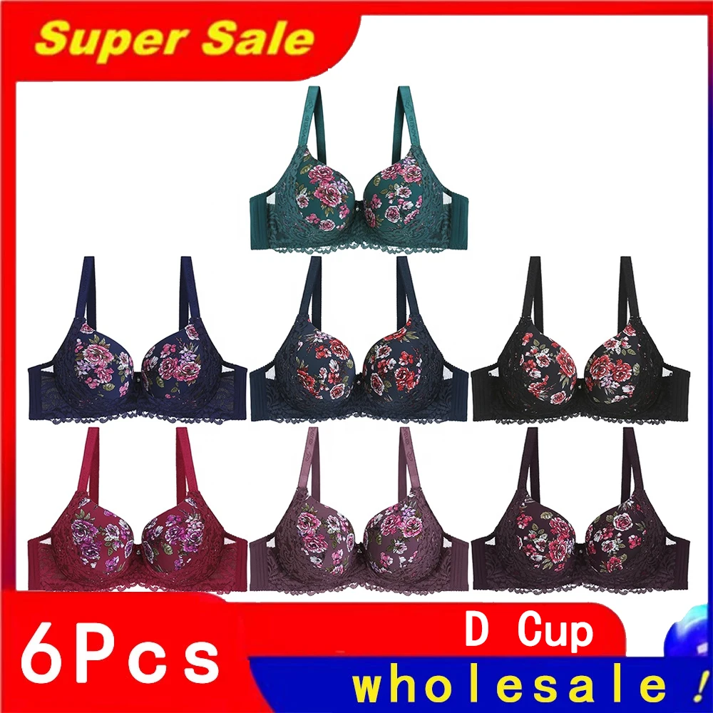 

Wholesale 6Pcs D Cup Women's Bra Plus Size Floral Printed Lace Full Cup Nylon High Quality Underwire Women Bra BINNYS