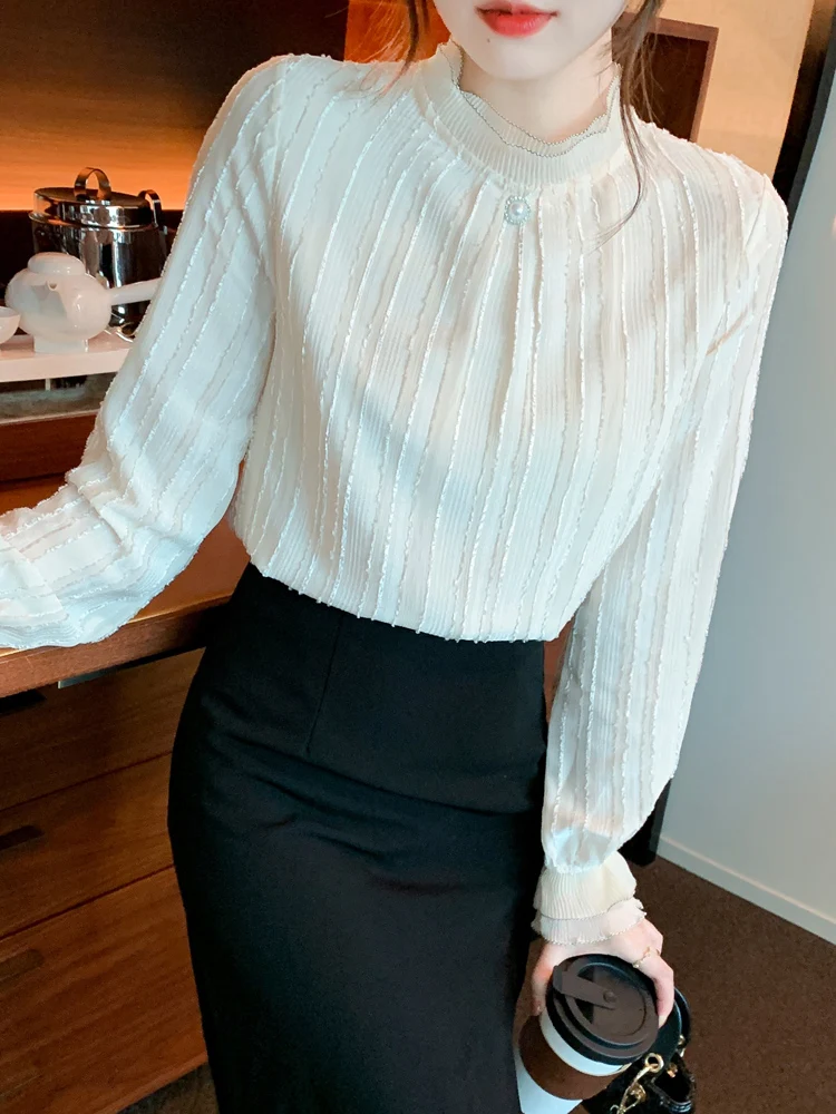 Женская шифоновая блузка с длинным рукавом абрикосовая рубашка-Топ модель F400 на