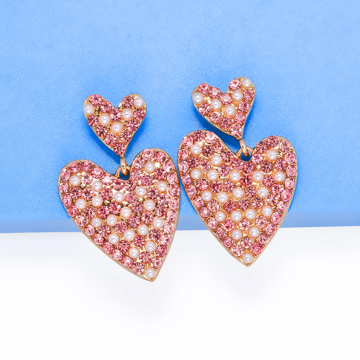 

JURAN Lovely Pink Heart Earrings Luxury Full Rhinestone Inlaid Pearl Drop Earrings for Women 2023 Trend Jewelry Brincos Gifts