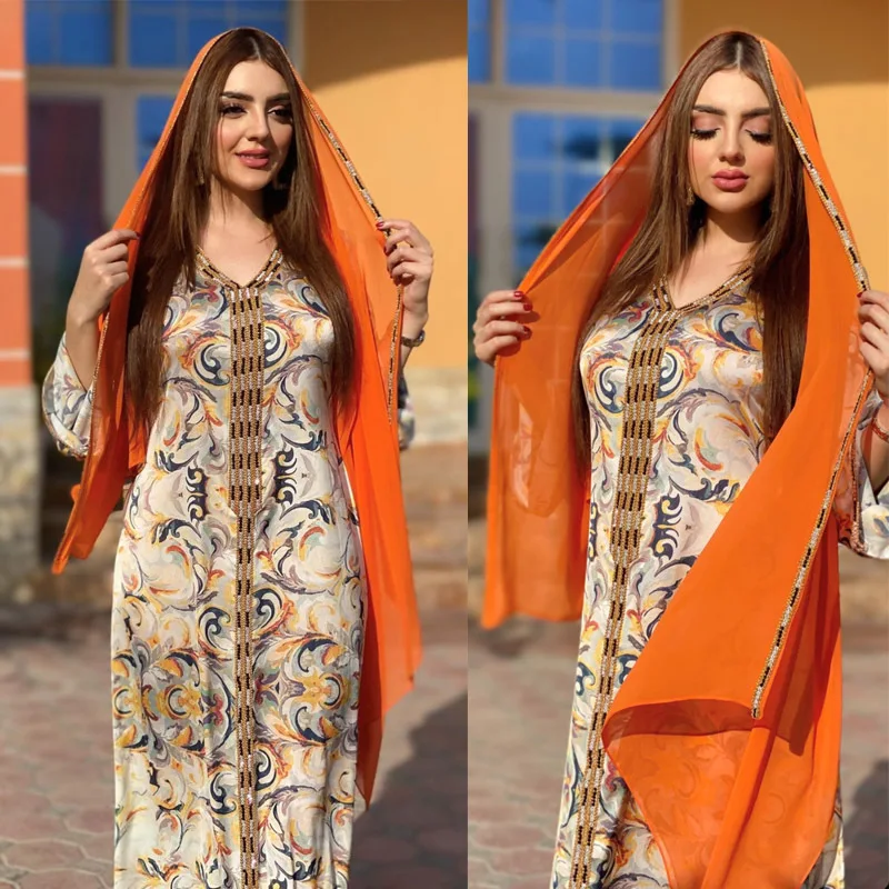 2023 New Print Pin Gold Beaded V-Neck Long Dress Arabic Robe Abaya Muslim Women's Dress Gives Headband Moroccan Kaftan